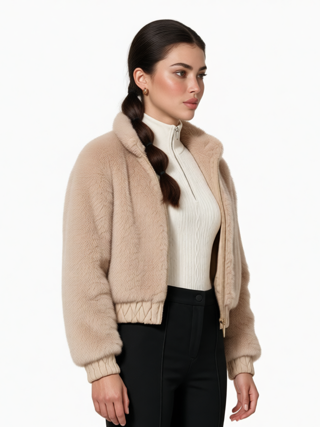 Quilted faux fur collar bomber jacket for women — Courchevel by LAYRÉS